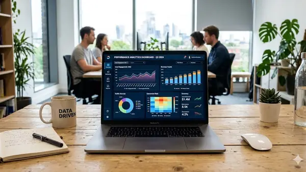 Open laptop on a desk displaying colorful performance analytics graphs and charts on the screen