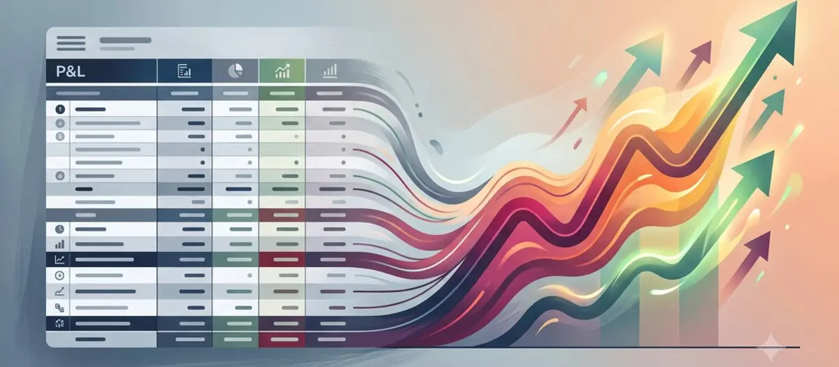 Illustration showing a financial spreadsheet on the left gradually dissolving and transforming into an upward-trending growth chart on the right, representing the connection between P&L data and marketing outcomes.
