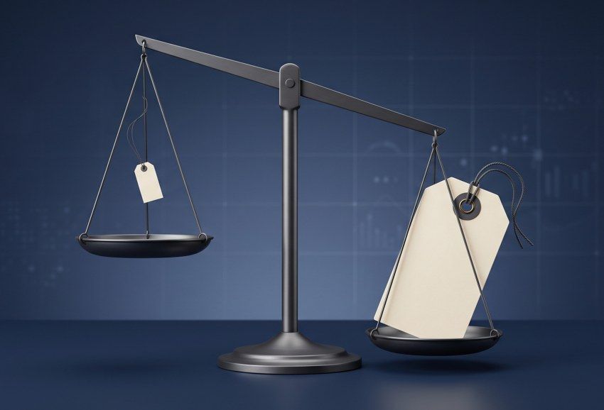 Balance scale with a small price tag on one side and a large price tag weighing down the other, illustrating pricing anchoring bias