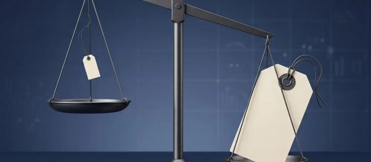Balance scale with a small price tag on one side and a large price tag weighing down the other, illustrating pricing anchoring bias