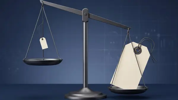 Balance scale with a small price tag on one side and a large price tag weighing down the other, illustrating pricing anchoring bias
