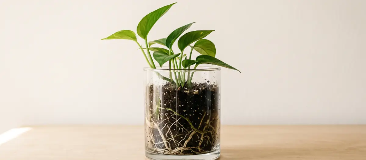 A young pothos plant in a clear glass pot on a wooden table, with its roots visible through the glass beneath the soil