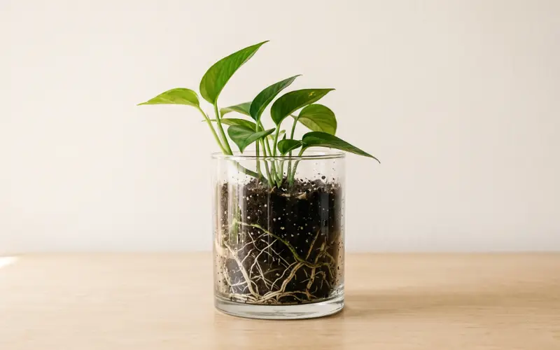 A young pothos plant in a clear glass pot on a wooden table, with its roots visible through the glass beneath the soil