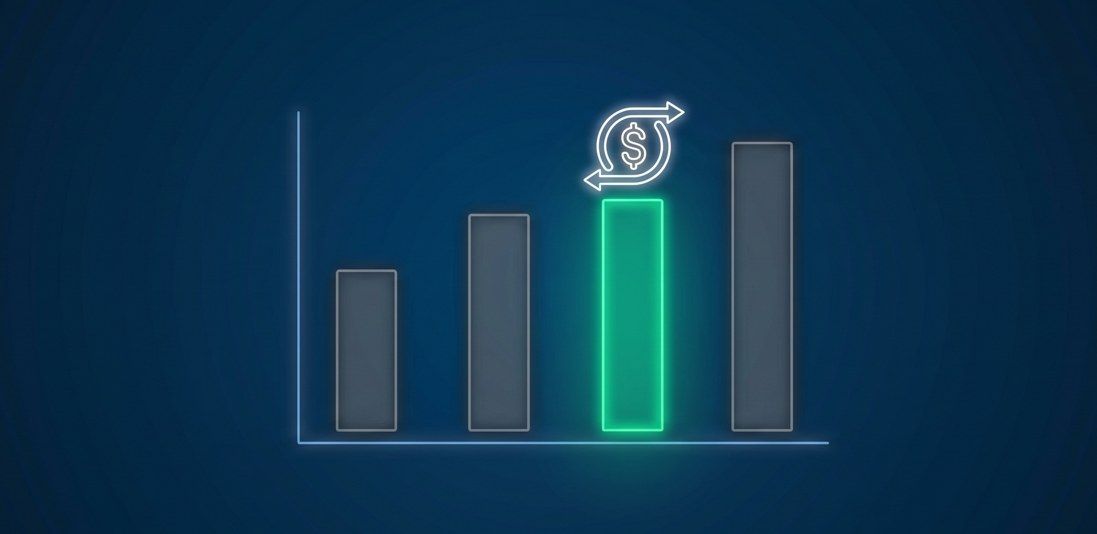 Bar chart with one shorter bar glowing green with a circular dollar-return icon above it, symbolizing capital efficiency over raw growth.