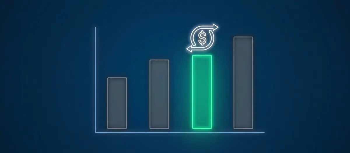 Bar chart with one shorter bar glowing green with a circular dollar-return icon above it, symbolizing capital efficiency over raw growth.