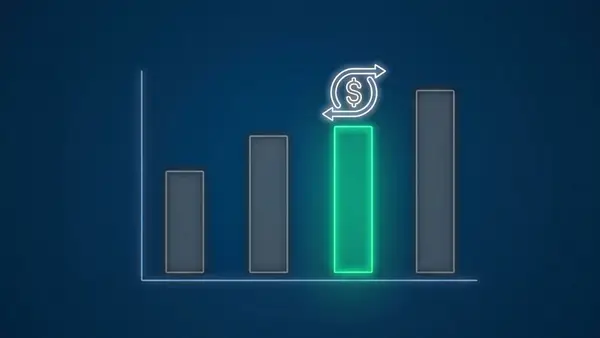 Bar chart with one shorter bar glowing green with a circular dollar-return icon above it, symbolizing capital efficiency over raw growth.