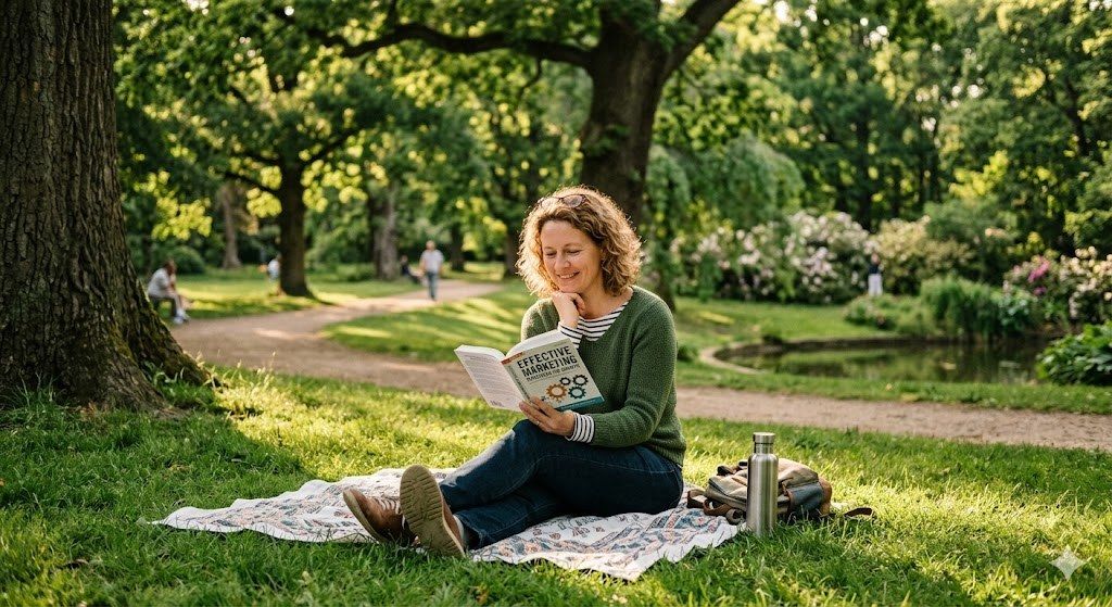 Person sitting outdoors on a bench reading a marketing book, with trees and greenery in the background