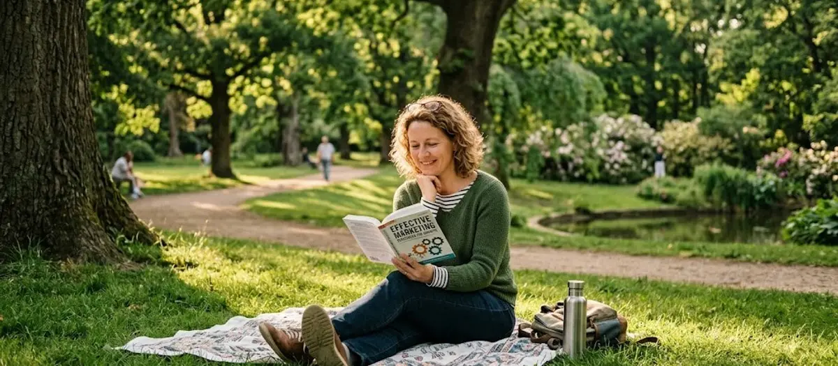 Person sitting outdoors on a bench reading a marketing book, with trees and greenery in the background
