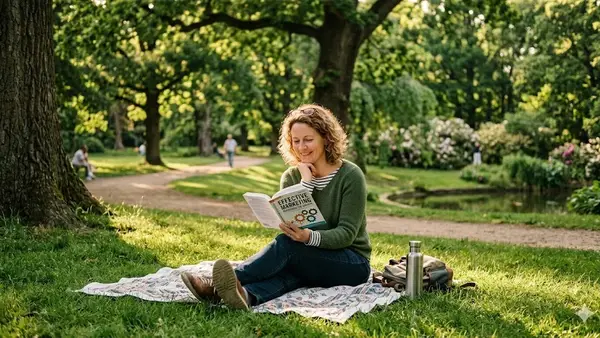 Person sitting outdoors on a bench reading a marketing book, with trees and greenery in the background
