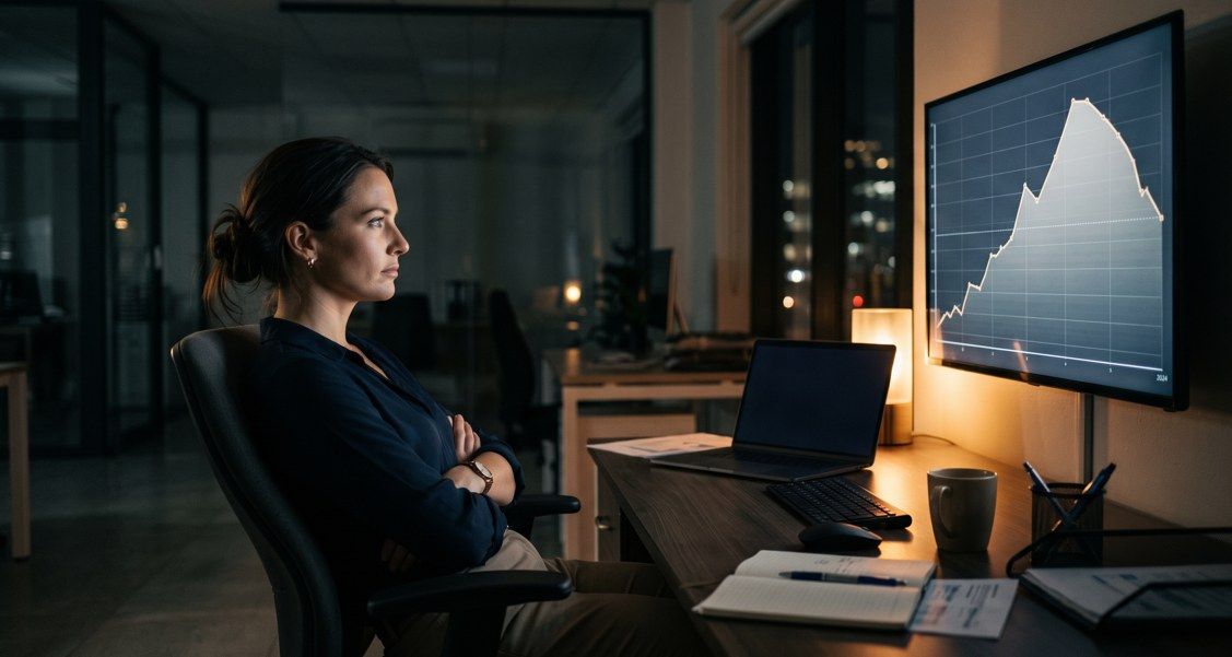 A professional seated alone at a desk late at night, arms loosely crossed, studying a wall-mounted screen showing a line chart with a changing trajectory.