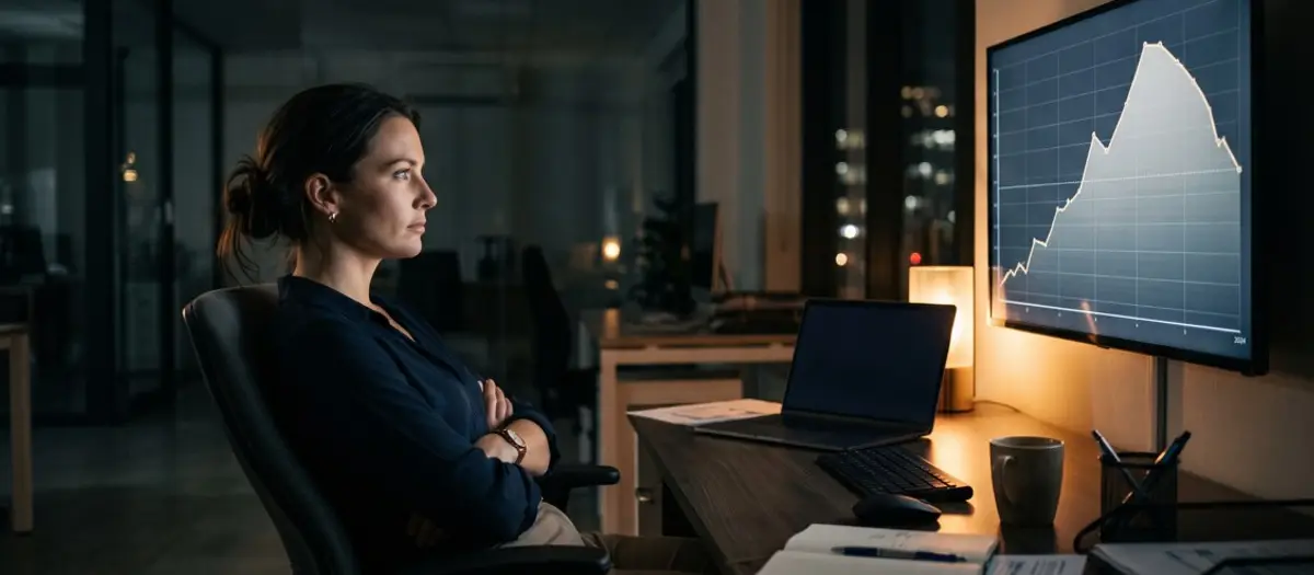 A professional seated alone at a desk late at night, arms loosely crossed, studying a wall-mounted screen showing a line chart with a changing trajectory.
