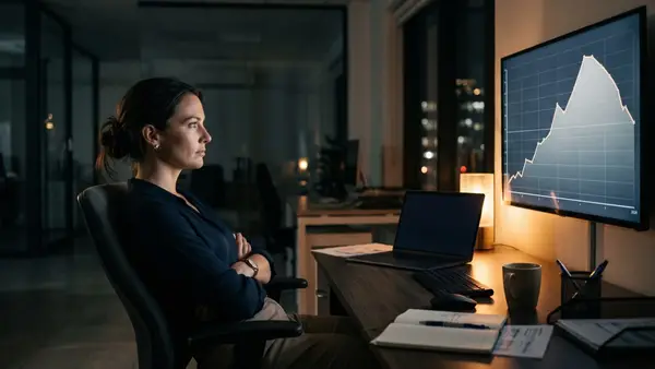A professional seated alone at a desk late at night, arms loosely crossed, studying a wall-mounted screen showing a line chart with a changing trajectory.