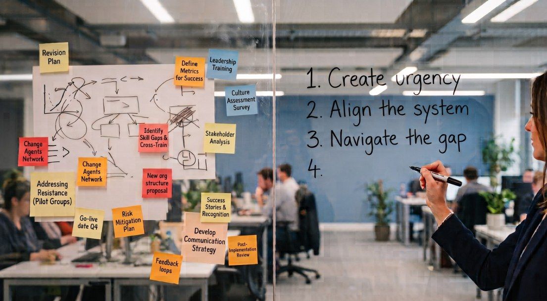 A woman writes a four-step change management framework on a glass wall in a modern office, contrasted against a chaotic wall of sticky notes and crossed-out plans on the other side.