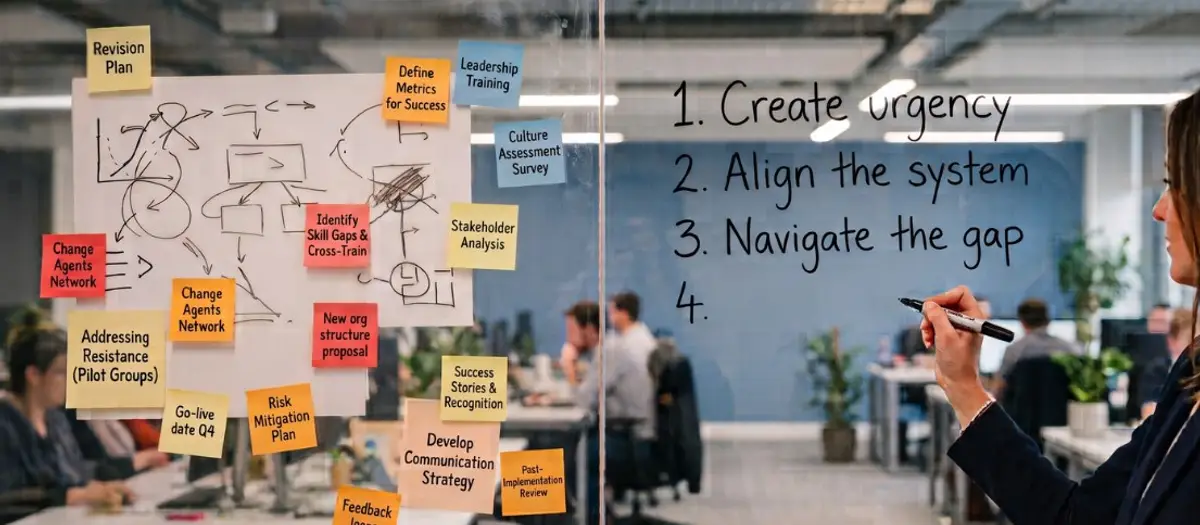 A woman writes a four-step change management framework on a glass wall in a modern office, contrasted against a chaotic wall of sticky notes and crossed-out plans on the other side.