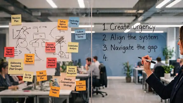 A woman writes a four-step change management framework on a glass wall in a modern office, contrasted against a chaotic wall of sticky notes and crossed-out plans on the other side.