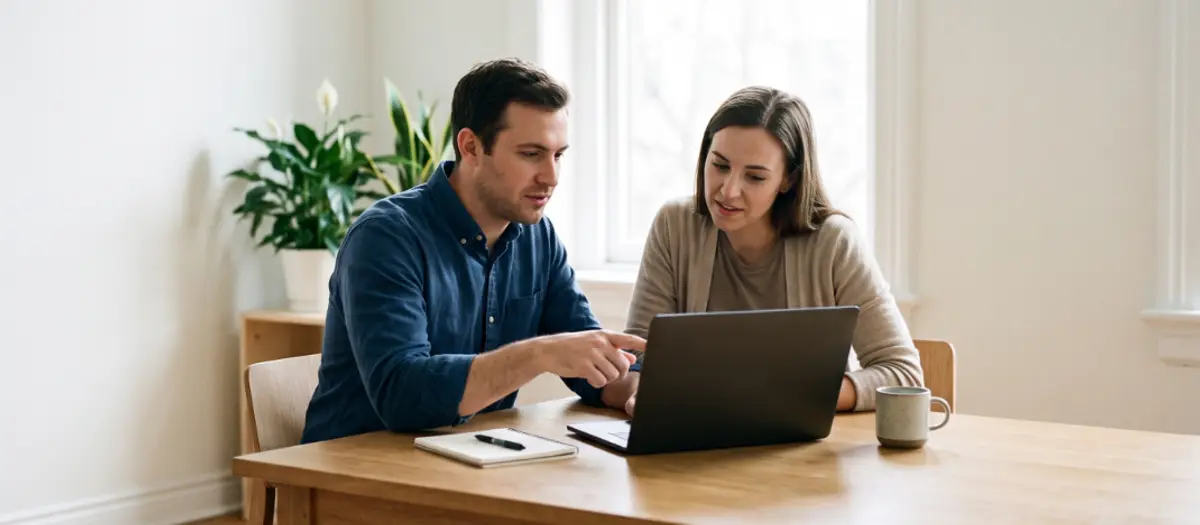 A man and a woman at a wooden table reviewing something on a laptop together, with a notebook and coffee mug beside them