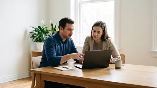 A man and a woman at a wooden table reviewing something on a laptop together, with a notebook and coffee mug beside them