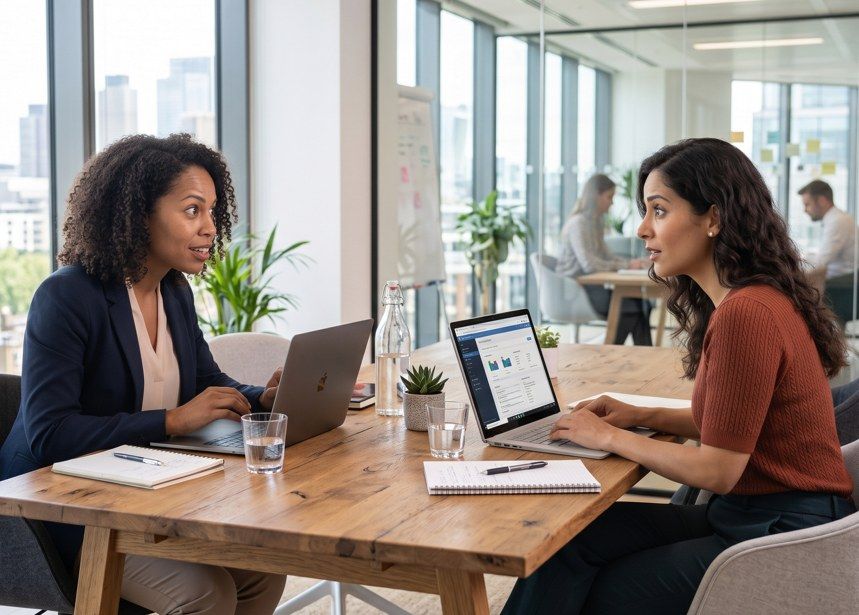 Two female executives, a CMO and CFO, looking up from their laptops at each other with curious, questioning expressions in a bright, modern corporate office.