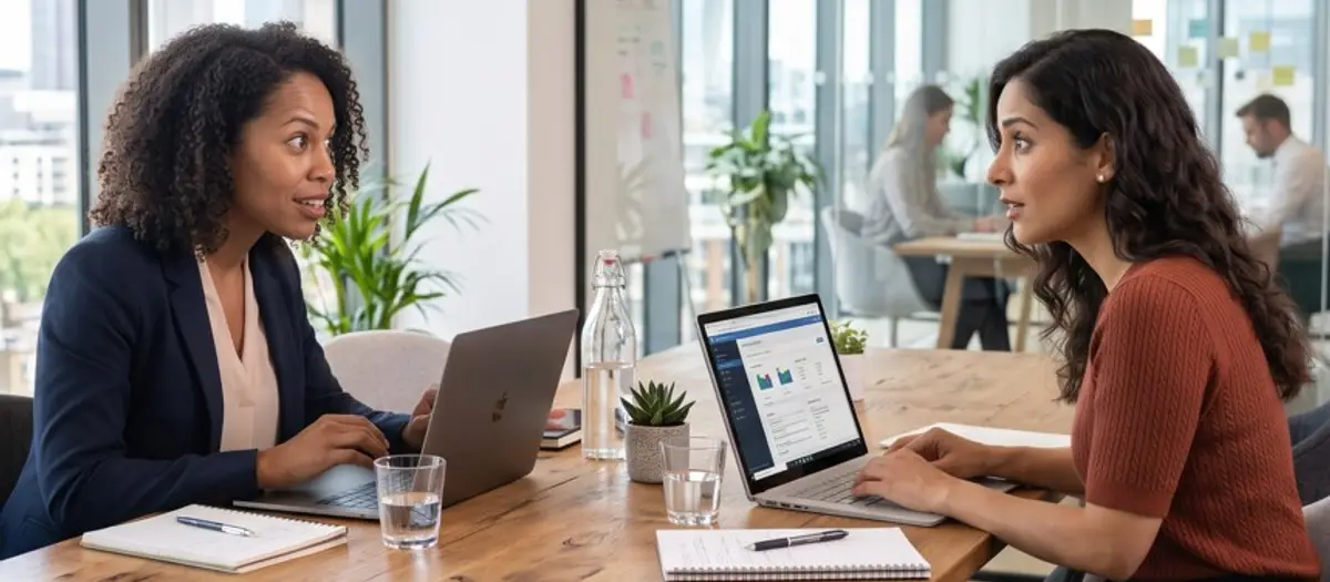 Two female executives, a CMO and CFO, looking up from their laptops at each other with curious, questioning expressions in a bright, modern corporate office.