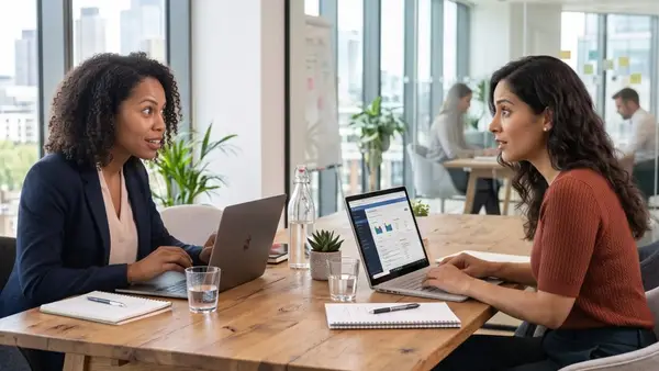 Two female executives, a CMO and CFO, looking up from their laptops at each other with curious, questioning expressions in a bright, modern corporate office.