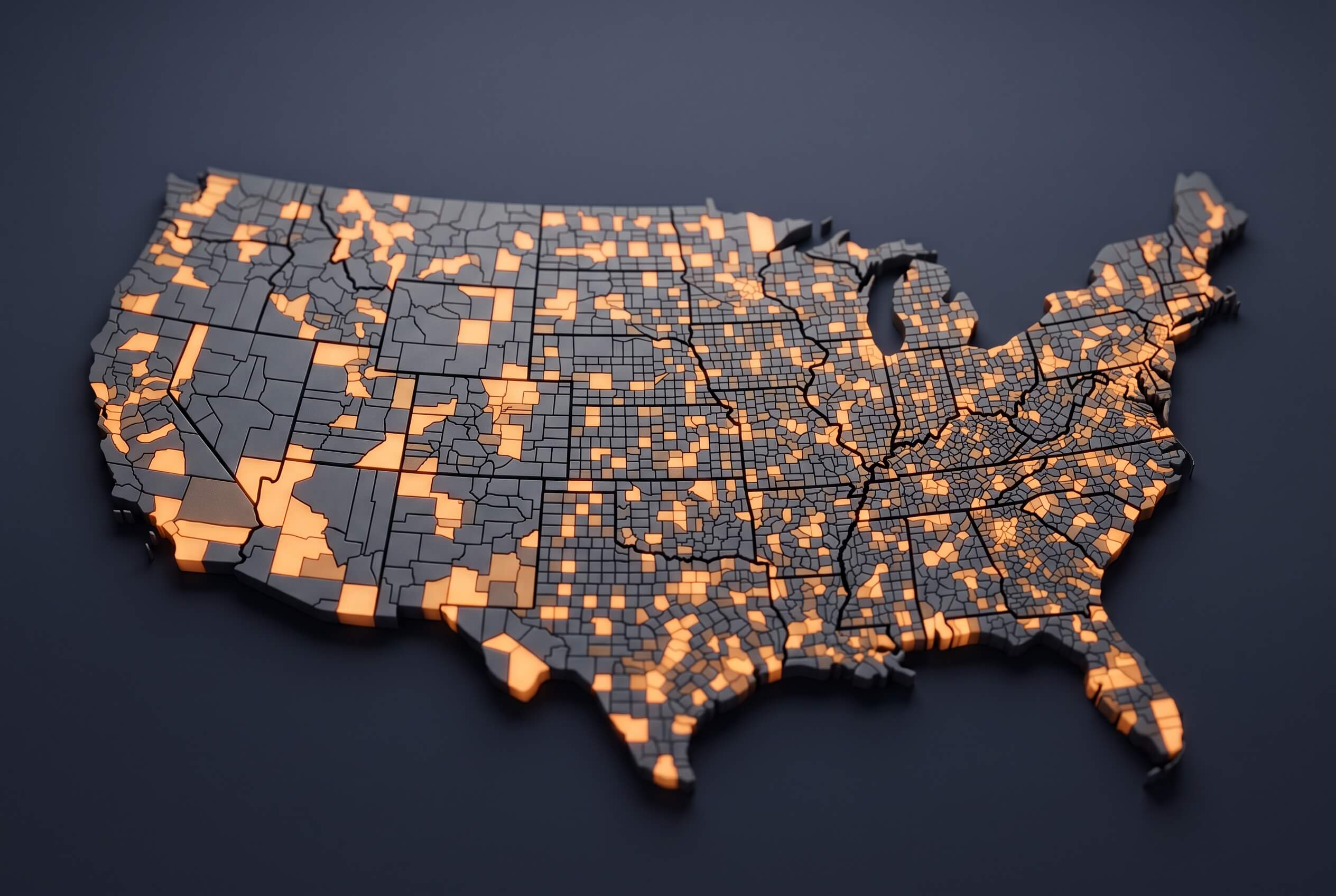 US map with test markets glowing amber and control markets in gray, mixed across the country.