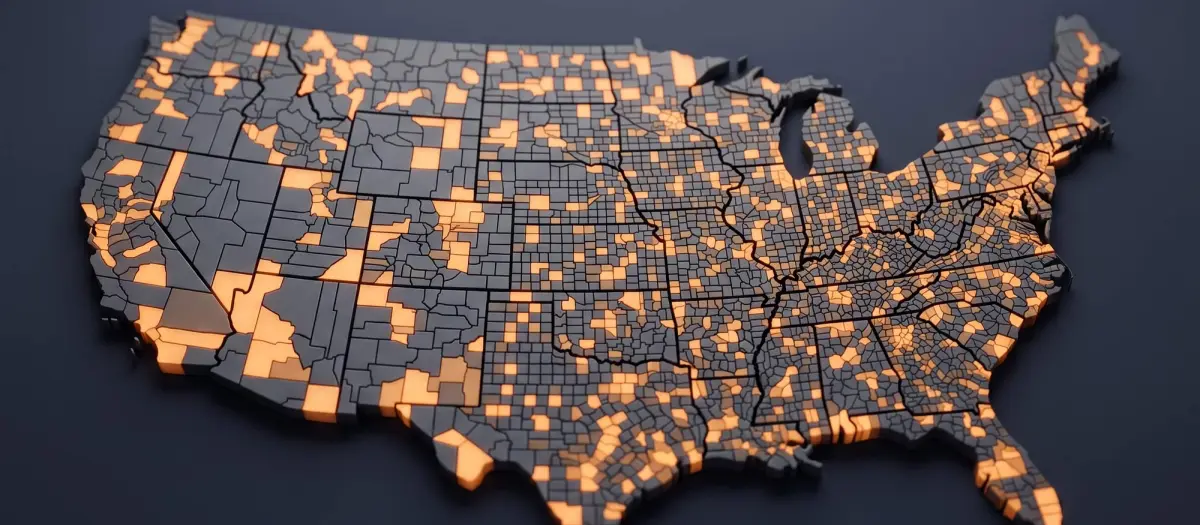 US map with test markets glowing amber and control markets in gray, mixed across the country.