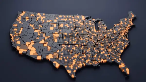 US map with test markets glowing amber and control markets in gray, mixed across the country.