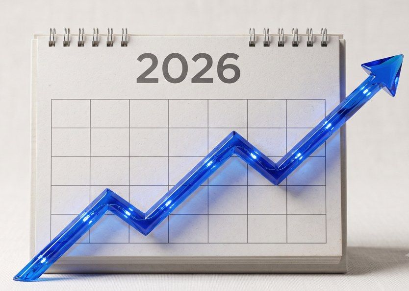 Illustration of a 2026 wall calendar with a bold upward-trending line chart overlaid in a vivid accent color, suggesting forward-looking growth momentum through the year.
