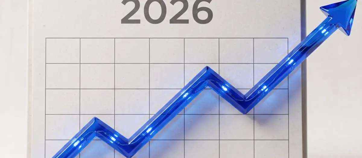 Illustration of a 2026 wall calendar with a bold upward-trending line chart overlaid in a vivid accent color, suggesting forward-looking growth momentum through the year.