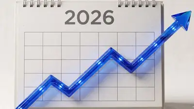 Illustration of a 2026 wall calendar with a bold upward-trending line chart overlaid in a vivid accent color, suggesting forward-looking growth momentum through the year.