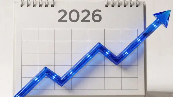 Illustration of a 2026 wall calendar with a bold upward-trending line chart overlaid in a vivid accent color, suggesting forward-looking growth momentum through the year.