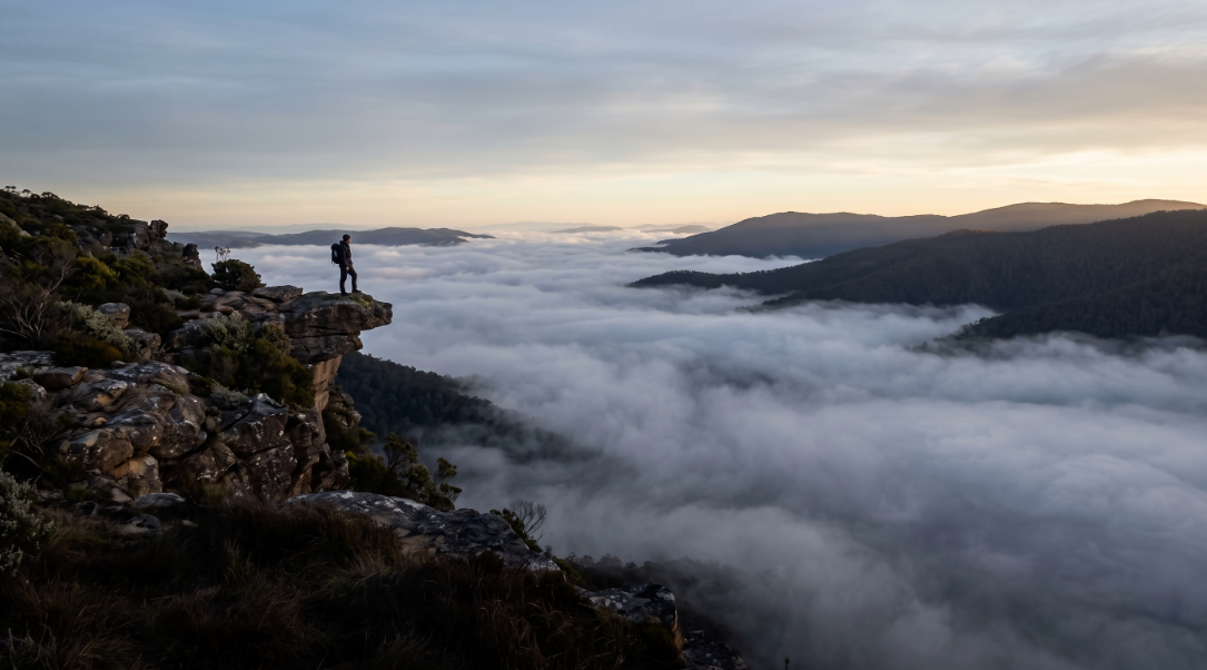 A hiker standing near a cliff edge at dawn, looking out over a fog-filled valley.