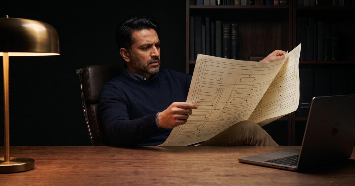A professional seated at a desk in a dark office, studying a large unfolded framework diagram at arm's length with focused concentration
