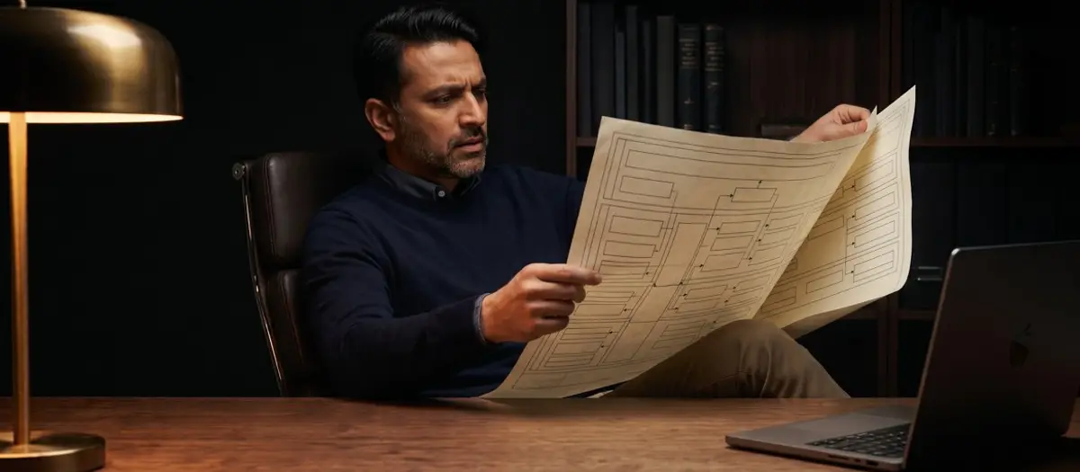 A professional seated at a desk in a dark office, studying a large unfolded framework diagram at arm's length with focused concentration