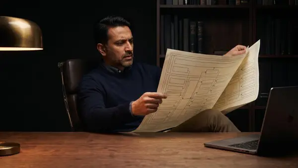 A professional seated at a desk in a dark office, studying a large unfolded framework diagram at arm's length with focused concentration