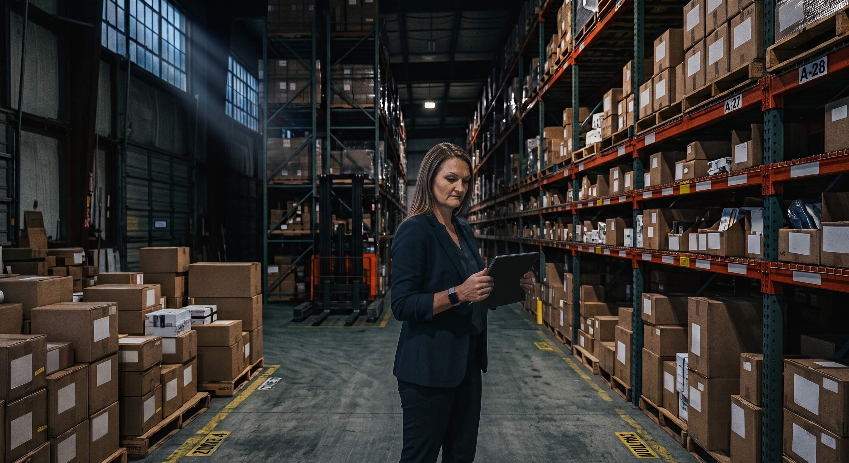 A business executive standing in a warehouse aisle, reviewing data on a tablet surrounded by stacked boxes and fulfillment shelving