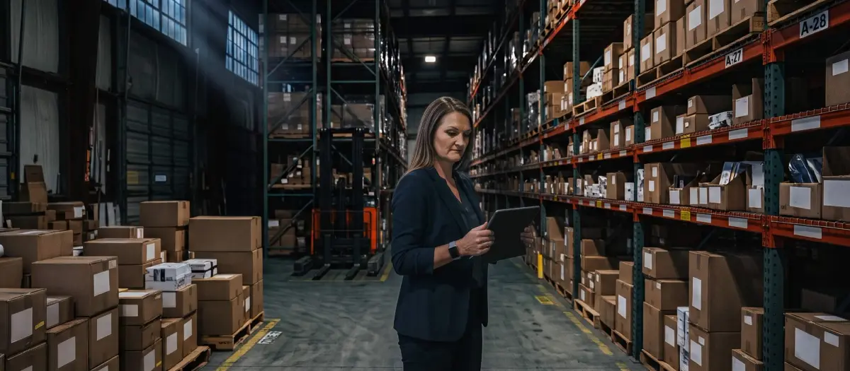 A business executive standing in a warehouse aisle, reviewing data on a tablet surrounded by stacked boxes and fulfillment shelving