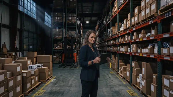 A business executive standing in a warehouse aisle, reviewing data on a tablet surrounded by stacked boxes and fulfillment shelving