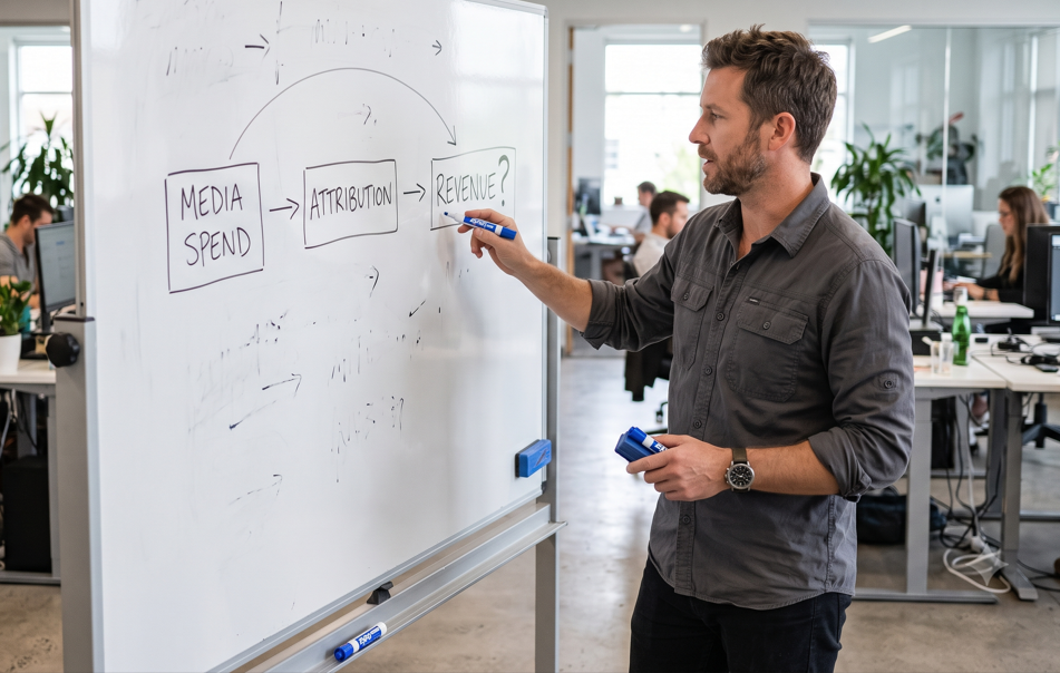 A man standing at a whiteboard drawing a flowchart that connects Media Spend to Attribution to Revenue with a question mark.