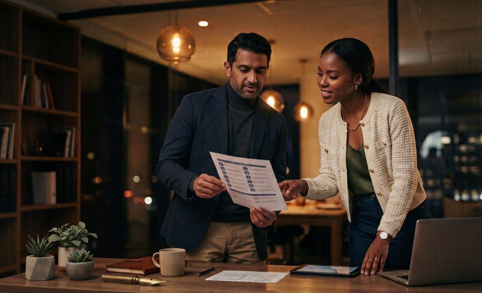 Two marketing professionals reviewing a campaign management comparison document together in a warmly lit modern office at night