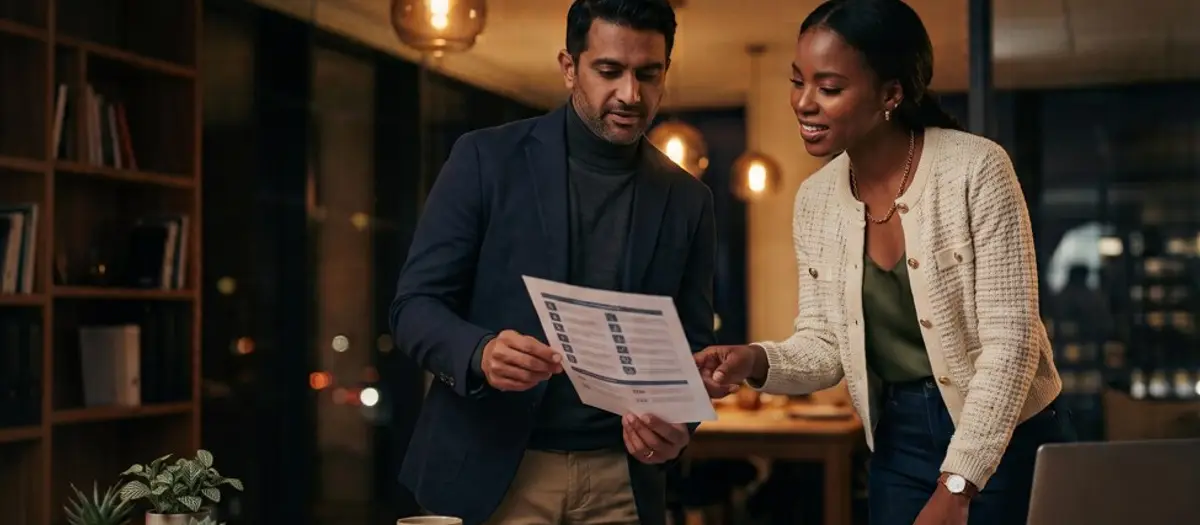 Two marketing professionals reviewing a campaign management comparison document together in a warmly lit modern office at night