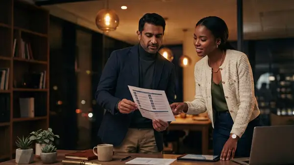 Two marketing professionals reviewing a campaign management comparison document together in a warmly lit modern office at night
