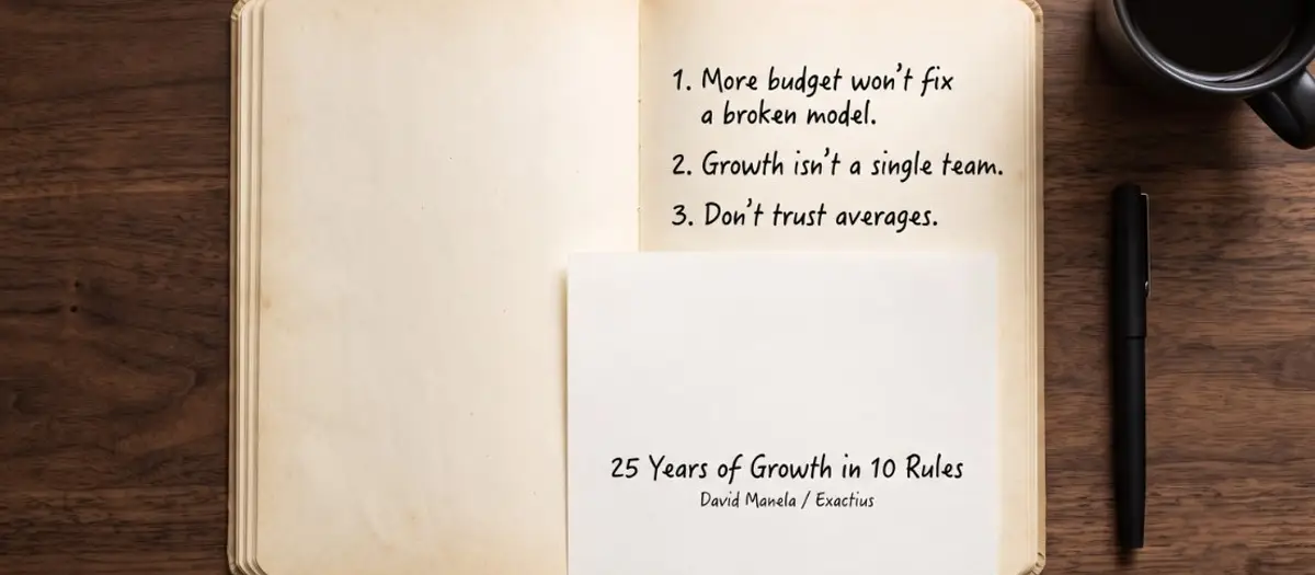 Open notebook on a dark wood desk showing three handwritten growth rules, partially covered by a title sheet reading "25 Years of Growth in 10 Rules" by David Manela of Exactius.