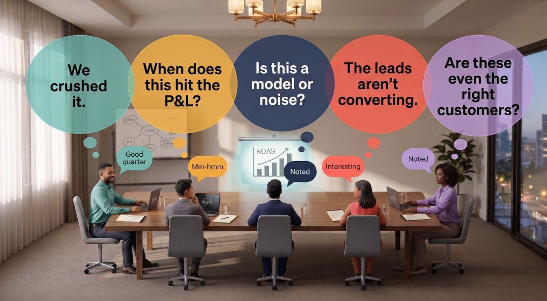 Five executives sit around a conference table facing a ROAS presentation slide, each with a small polite speech bubble — "Good quarter," "Mm-hmm," "Noted," "Interesting" — and a large thought bubble revealing what they're actually thinking: "We crushed it," "When does this hit the P&L?", "Is this a model or noise?", "The leads aren't converting," and "Are these even the right customers?"
