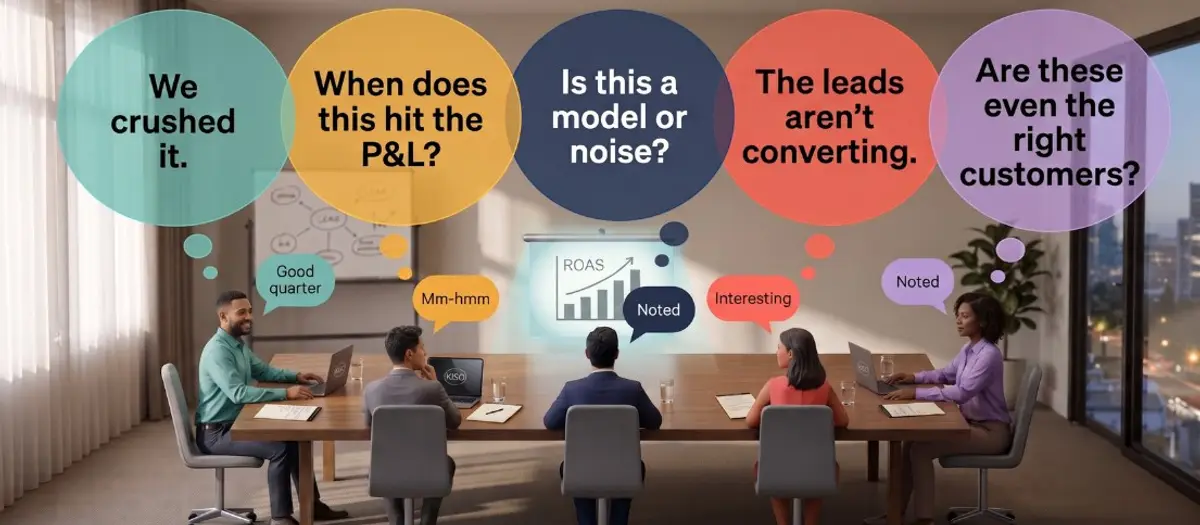 Five executives sit around a conference table facing a ROAS presentation slide, each with a small polite speech bubble — "Good quarter," "Mm-hmm," "Noted," "Interesting" — and a large thought bubble revealing what they're actually thinking: "We crushed it," "When does this hit the P&L?", "Is this a model or noise?", "The leads aren't converting," and "Are these even the right customers?"