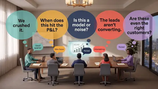 Five executives sit around a conference table facing a ROAS presentation slide, each with a small polite speech bubble — "Good quarter," "Mm-hmm," "Noted," "Interesting" — and a large thought bubble revealing what they're actually thinking: "We crushed it," "When does this hit the P&L?", "Is this a model or noise?", "The leads aren't converting," and "Are these even the right customers?"