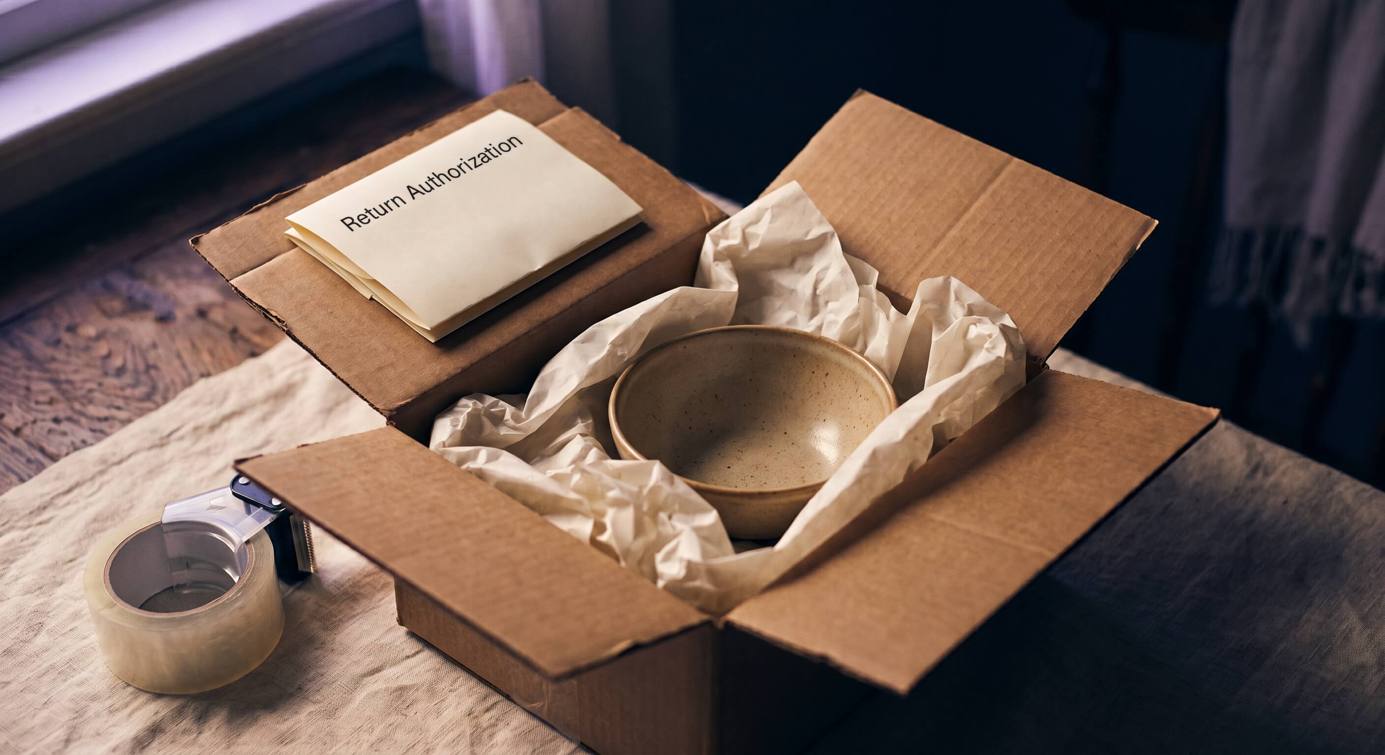 An open cardboard shipping box holding a returned ceramic bowl packed in tissue paper, with a "Return Authorization" form and a tape dispenser beside it on a linen surface.
