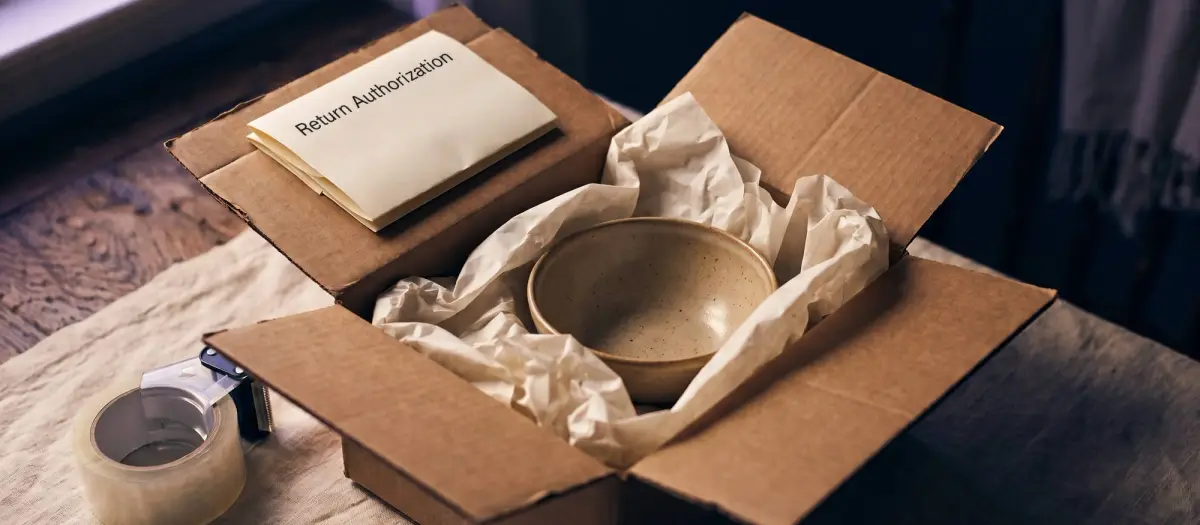 An open cardboard shipping box holding a returned ceramic bowl packed in tissue paper, with a "Return Authorization" form and a tape dispenser beside it on a linen surface.