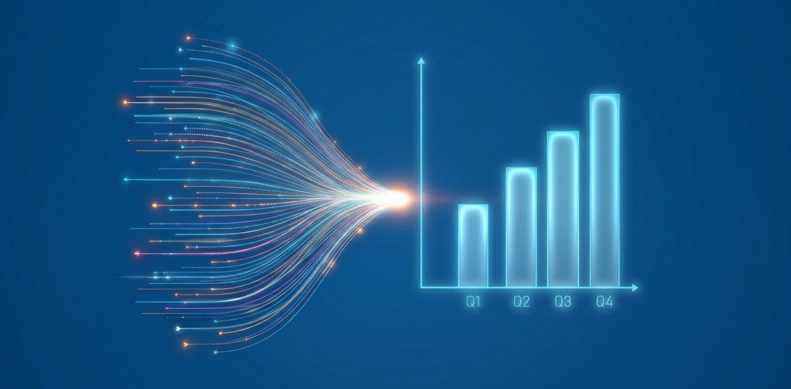 Scattered data streams converging into a rising bar chart, symbolizing chaotic metrics resolving into a clear growth trajectory.