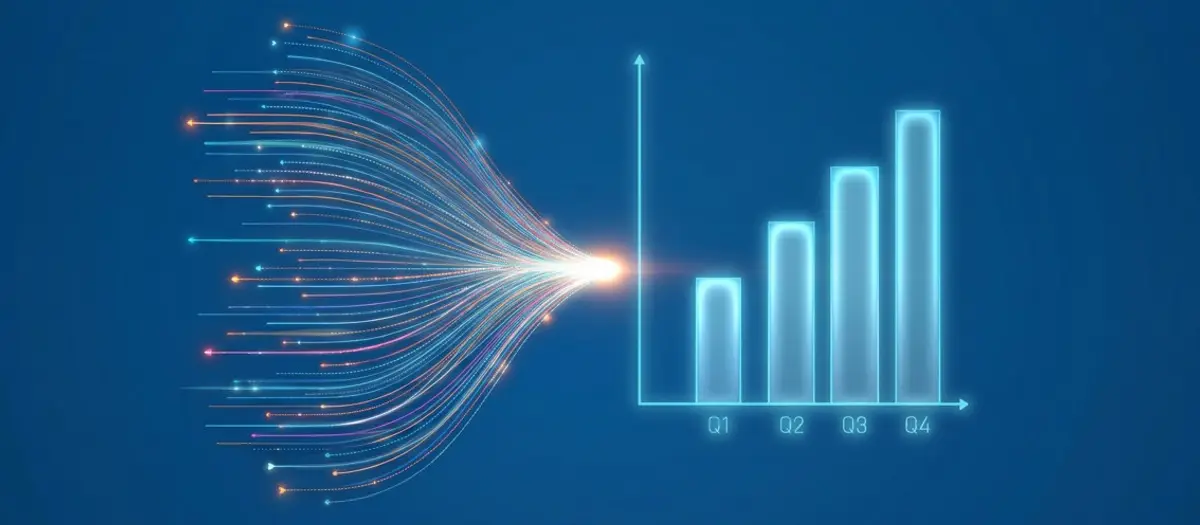 Scattered data streams converging into a rising bar chart, symbolizing chaotic metrics resolving into a clear growth trajectory.